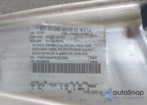 2000 Ford Mustang z USA, uszkodzony, nr VIN 1FAFP4049YF203984